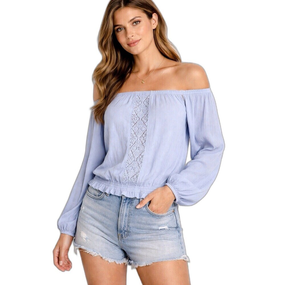 Aeropostale Blue Off Shoulder Boho Peasant Blouse Crochet Long Sleeve M Y2K